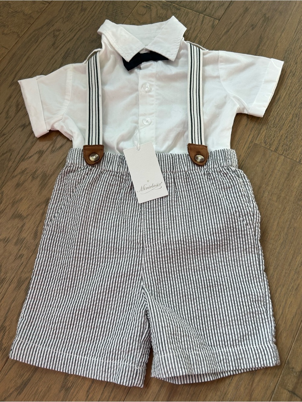Miniclasix Boys Formal Outfit White Button Down Shirt Seersucker Shorts NWT